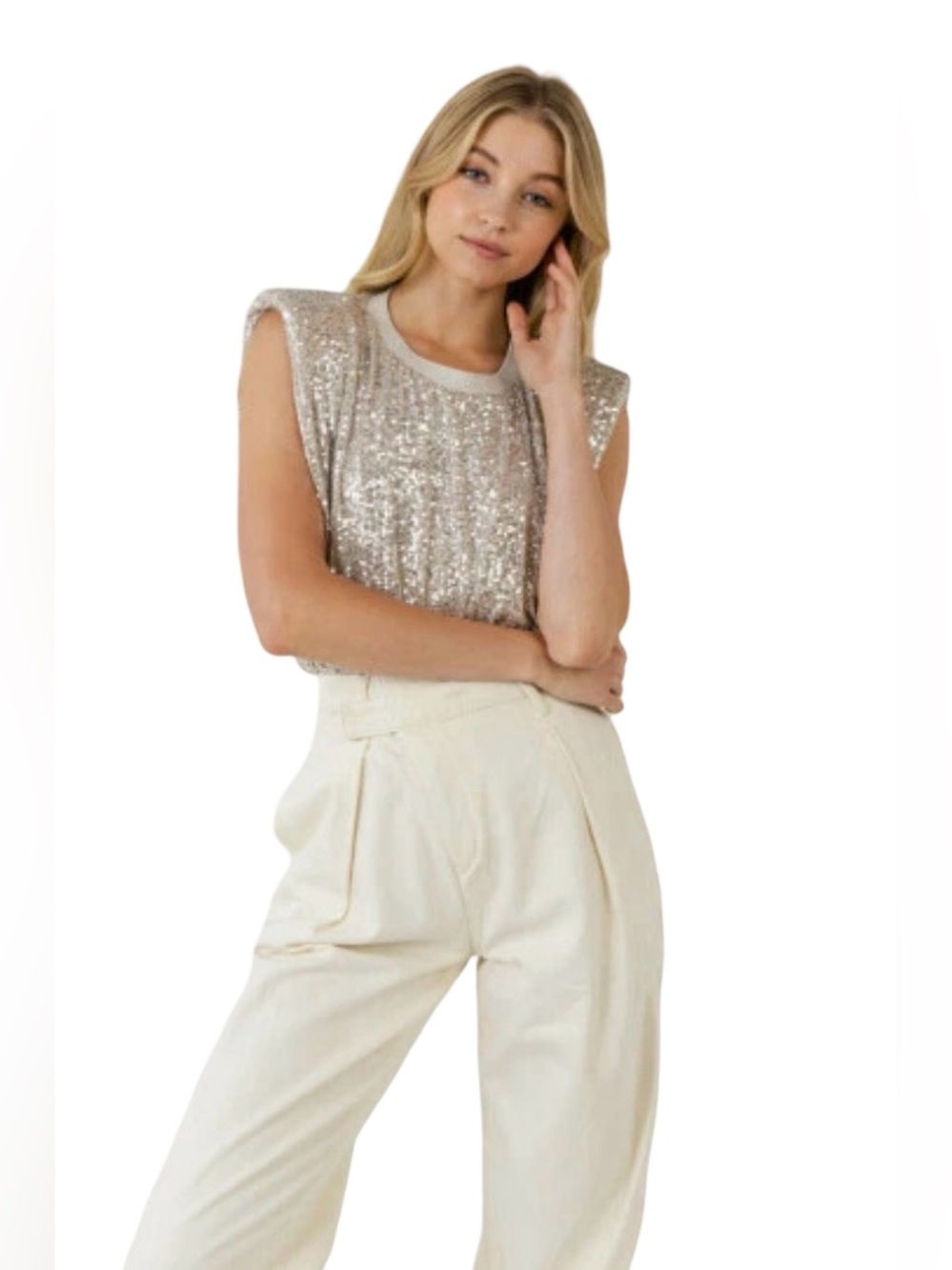 Endless Rose Sequin Shoulder Pad Top NWT Size M Ivory Champagne Sleeveless Party - Picture 3 of 12